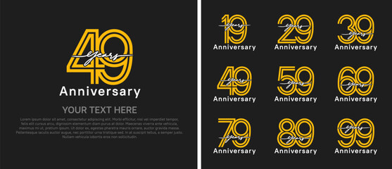 anniversary logo set with handwriting. yellow and white color on black background for celebration moment