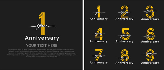 anniversary logo set with handwriting. yellow and white color on black background for celebration moment
