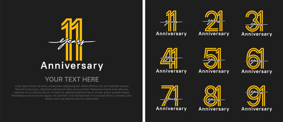 anniversary logo set with handwriting. yellow and white color on black background for celebration moment