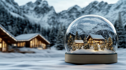 Cozy cabin snow globe with illuminated trees and mountain reflection, serene winter evening
