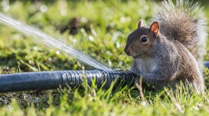specious. A squirrel chewing on a garden hose with water spraying on the lawn. wildlife magazines, conservation campaigns, designed for eco-tourism storytelling, promotes animal welfare.