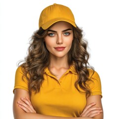 A woman with long brown hair and a yellow shirt is wearing a yellow baseball cap. She is smiling and looking at the camera