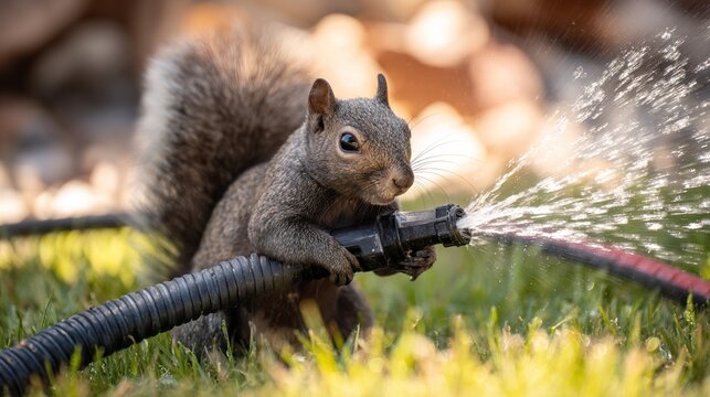 specious. A squirrel chewing on a garden hose with water spraying on the lawn. wildlife magazines, conservation campaigns, designed for eco-tourism storytelling, promotes animal welfare.