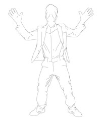 A confident man in a black suit and tie stands with his arms outstretched against a clean white background.