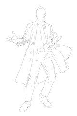 A fashionable man in a trench coat and suit stands with arms outstretched. His slicked-back hair and determined expression convey confidence against the white background.