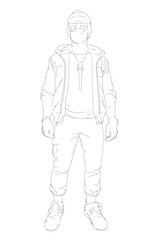 Obraz premium A determined young man in a hoodie and sneakers stands ready for action, wearing protective goggles.