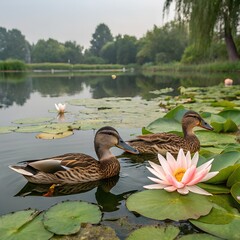 A pair of ducks swimming near ripe water lilies with a serene beautiful background