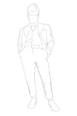 A confident man in a tailored suit and sunglasses stands against a white background. He wears a crisp white shirt, black tie, and has his hands in his pockets.