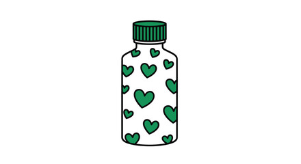 Fototapeta premium A simple vector illustration of a reusable water bottle decorated with a pattern of green hearts and a green cap on a white background.