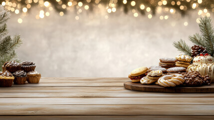 Cozy wooden table with assorted Christmas cookies and pastries, warm festive lights