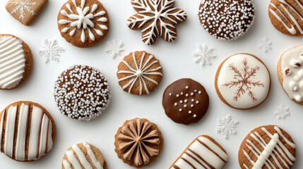 Fototapeta premium Festive gingerbread cookies with white icing snowflake and sprinkle decorations, cozy holiday