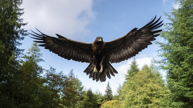 subjugating. Eagle soaring high in clear sky with sharp gaze focused on ground movement. wildlife magazines, conservation campaigns, designed for wildlife conservation campaigns.