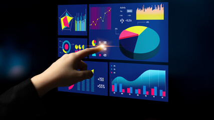 A hand interacts with a digital touchscreen displaying various graphs and charts, illustrating business metrics and analytics for effective decision-making. Impute