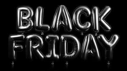Black balloons spell out "BLACK FRIDAY," highlighting the popular shopping event associated with discounts and sales, set against a dark background.