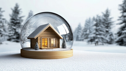 Cozy wooden cabin snow globe winter scene warm light