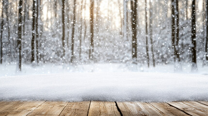Snowy wooden table foreground with peaceful winter forest and falling snowflakes