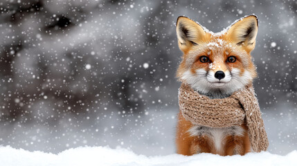 Obraz premium Winter fox wearing knitted scarf stands in snowy forest, serene mood