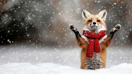 Obraz premium Fox wearing red scarf standing in snowy forest with falling snow, joyful winter mood