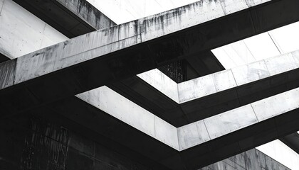 Fototapeta premium A bold black-and-white geometric structure with sharp angles and textured surfaces, creating a modern abstract aesthetic.