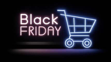 A neon sign featuring "Black Friday" next to a shopping cart illustration, symbolizing sales and shopping events.
