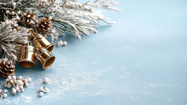 Snowy pine branch with golden bells and pinecone ornament creating festive calm - Powered by Adobe