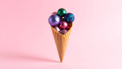 A waffle cone filled with colorful Christmas baubles, creating a playful and modern minimal holiday...