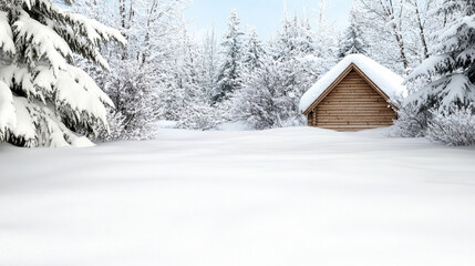 Cozy snowy cabin in winter forest with fresh snow and soft light