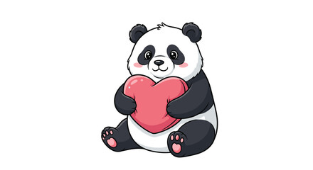Fototapeta premium An adorable cartoon panda bear sitting down and hugging a large pink heart to show love and affection on Valentine's Day.