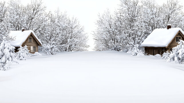 Snowy cottage winter landscape with snow covered trees and serene field
