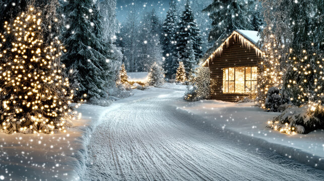 Cozy snowy cabin path with glowing trees and falling snow - Powered by Adobe