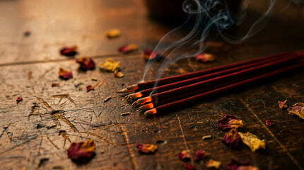 Burning incense sticks with smoke and scattered dried rose petals on a rustic wooden table.