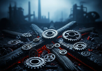 Fototapeta premium Fragmented machinery gears rest upon smoldering logs within a decaying, smog-filled industrial wasteland backdrop