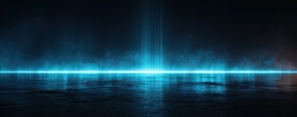 Obraz premium Cyan light beam shining down on a wet floor with fog