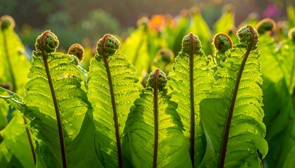 Close-up of lush, green fern fronds with sunlight shining through them