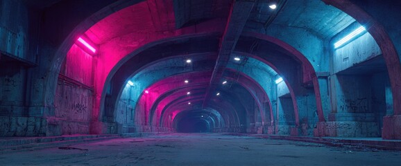 Obraz premium Arched tunnel with pink and blue neon lights receding into the darkness