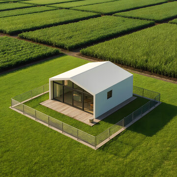 Modern Minimalist House in a Green Agricultural Landscape with Surrounding Fence