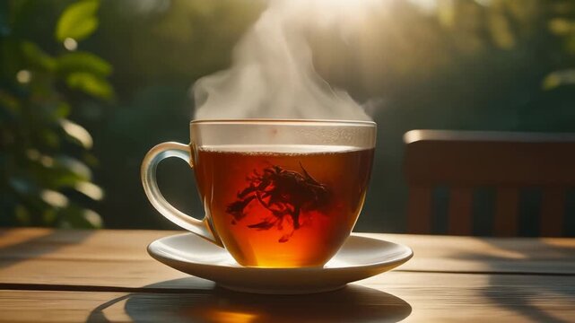A steaming cup of hot black tea with loose leaves on a wooden table in a sunny outdoor setting with blurred green foliage.