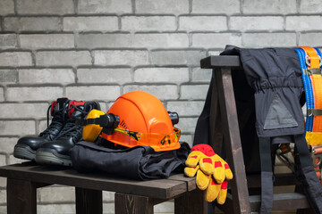  Industrial safety equipment to protect personal safety with copy space. Work safety protection concept.
