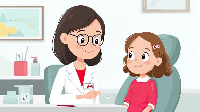Cartoon female dentist examining a young girl patient in a dental clinic