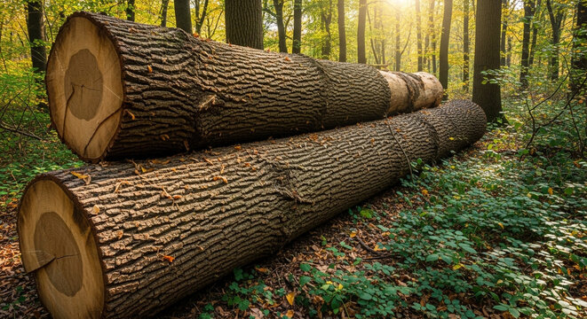 Felled oak logs lie on the forest floor, bathed in the warm, golden light of the setting sun filtering through the trees
