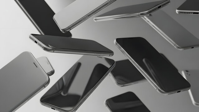Multiple smartphones falling or floating in a dynamic composition. Mobile technology and digital communication concept.