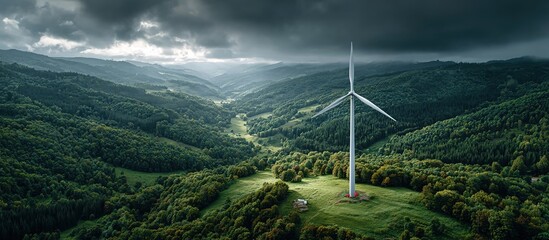 Wind Turbines in Mountainous Grassland Sky.Ideal for sustainability, energy, and landscape-themed projects. Great for green energy visuals, scenic content