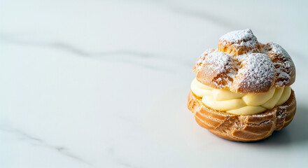 高級感のある大理石の台に置かれた粉砂糖たっぷりのシュークリームと洋菓子のイメージ