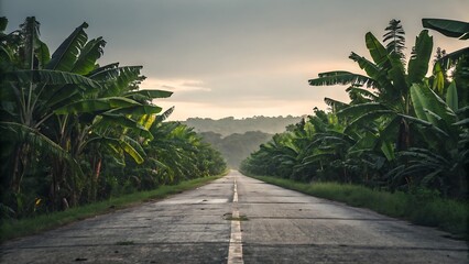 A long, straight, wet asphalt road disappearing into the distance, flanked by dense rows of tall, lush green banana trees under a soft, overcast sky
