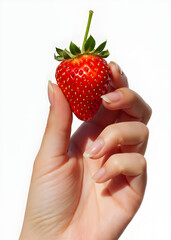 Obraz premium Hand holding a single, perfect red strawberry against a white background