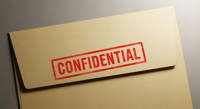 Manilla folder stamped with a bold red confidential warning sits under dramatic focused lighting on a desk