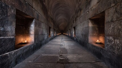 unanimity. A narrow stone corridor with arched niches lit by flickering candles, deep perspective. real-estate listings.