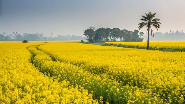 Vast field of bright yellow mustard flowers blooming under a hazy sky with a winding path and a lone palm tree in the distance