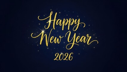 Glimmering Gold: Sparkling "Happy New Year 2026" Script on Deep Navy Backdrop with Scattered Starry Accents