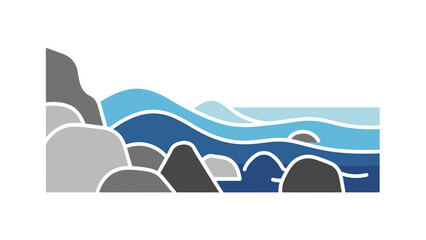 Minimalist landscape depiction of ocean waves and rocky coastline in blue, gray, and white tones